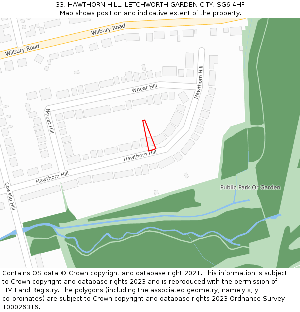 33, HAWTHORN HILL, LETCHWORTH GARDEN CITY, SG6 4HF: Location map and indicative extent of plot