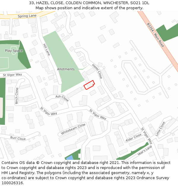 33, HAZEL CLOSE, COLDEN COMMON, WINCHESTER, SO21 1DL: Location map and indicative extent of plot