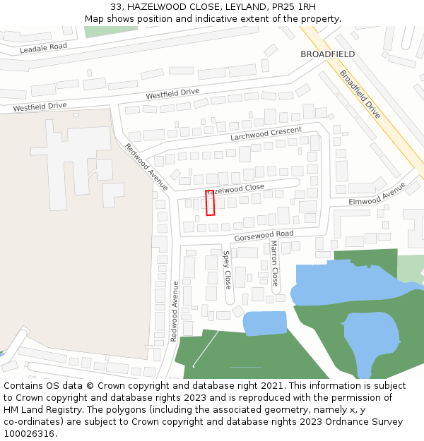 33, HAZELWOOD CLOSE, LEYLAND, PR25 1RH: Location map and indicative extent of plot