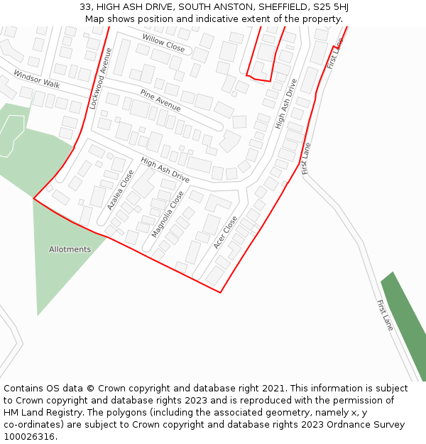 33, HIGH ASH DRIVE, SOUTH ANSTON, SHEFFIELD, S25 5HJ: Location map and indicative extent of plot