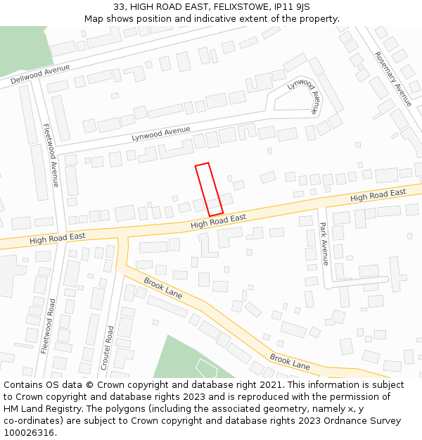 33, HIGH ROAD EAST, FELIXSTOWE, IP11 9JS: Location map and indicative extent of plot