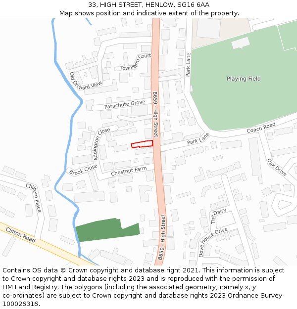 33, HIGH STREET, HENLOW, SG16 6AA: Location map and indicative extent of plot