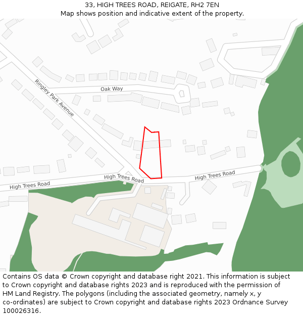33, HIGH TREES ROAD, REIGATE, RH2 7EN: Location map and indicative extent of plot