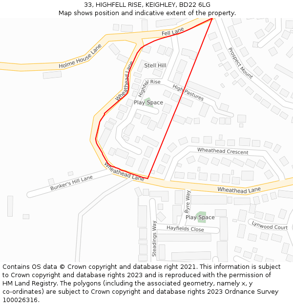33, HIGHFELL RISE, KEIGHLEY, BD22 6LG: Location map and indicative extent of plot
