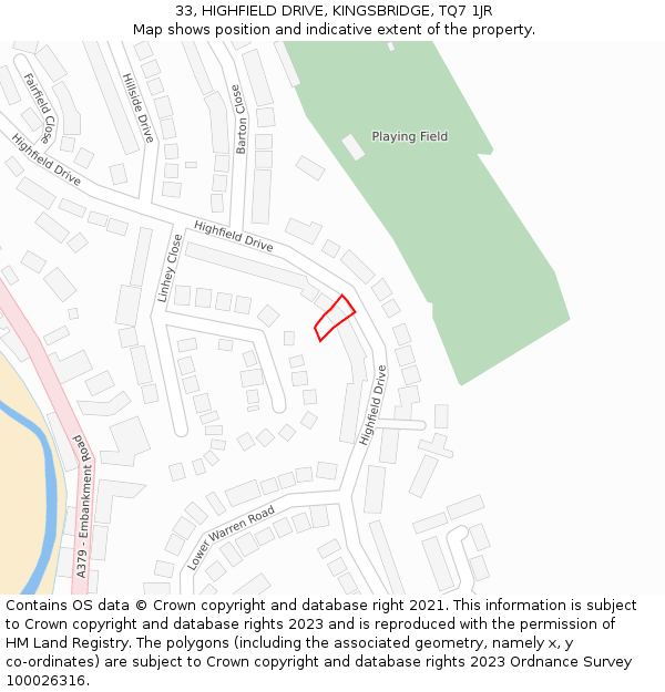 33, HIGHFIELD DRIVE, KINGSBRIDGE, TQ7 1JR: Location map and indicative extent of plot