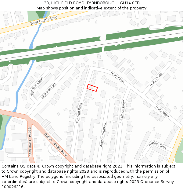 33, HIGHFIELD ROAD, FARNBOROUGH, GU14 0EB: Location map and indicative extent of plot