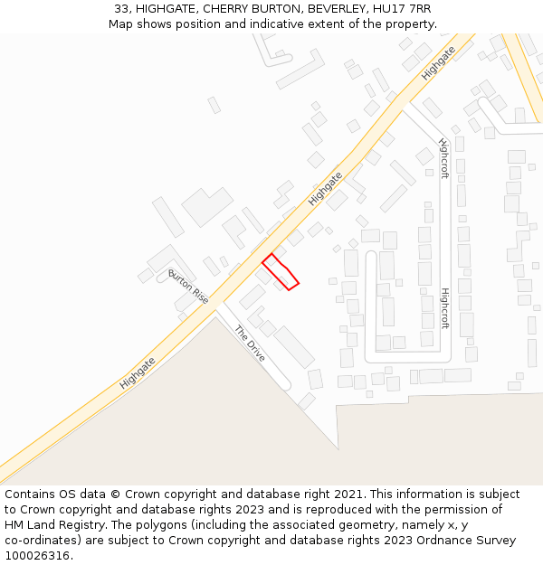 33, HIGHGATE, CHERRY BURTON, BEVERLEY, HU17 7RR: Location map and indicative extent of plot