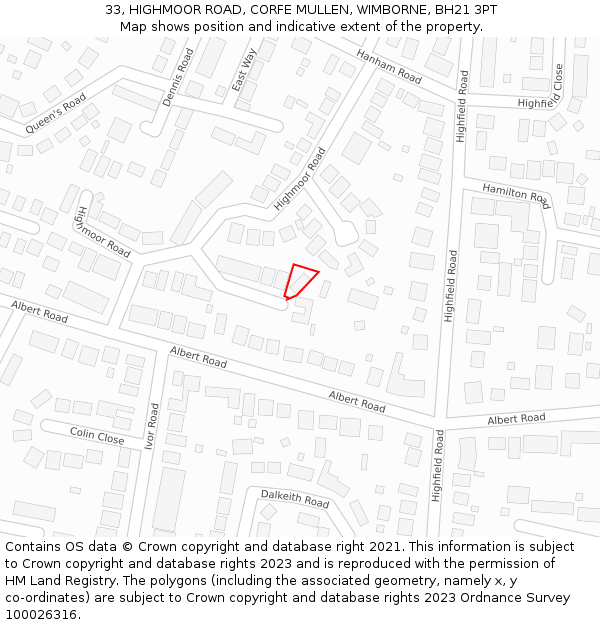 33, HIGHMOOR ROAD, CORFE MULLEN, WIMBORNE, BH21 3PT: Location map and indicative extent of plot