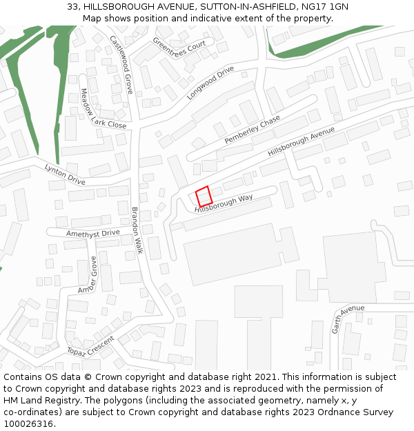 33, HILLSBOROUGH AVENUE, SUTTON-IN-ASHFIELD, NG17 1GN: Location map and indicative extent of plot