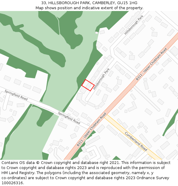 33, HILLSBOROUGH PARK, CAMBERLEY, GU15 1HG: Location map and indicative extent of plot