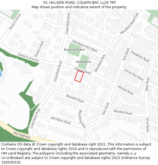 33, HILLSIDE ROAD, COLWYN BAY, LL29 7EP: Location map and indicative extent of plot