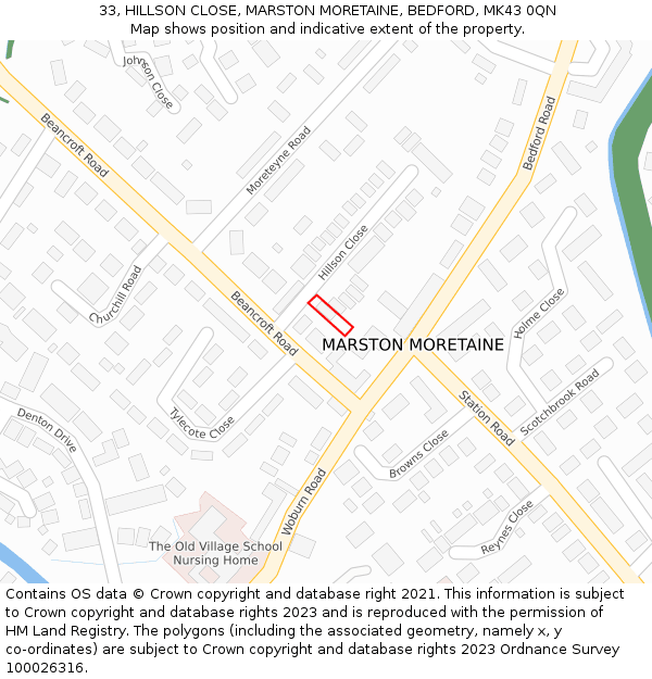 33, HILLSON CLOSE, MARSTON MORETAINE, BEDFORD, MK43 0QN: Location map and indicative extent of plot