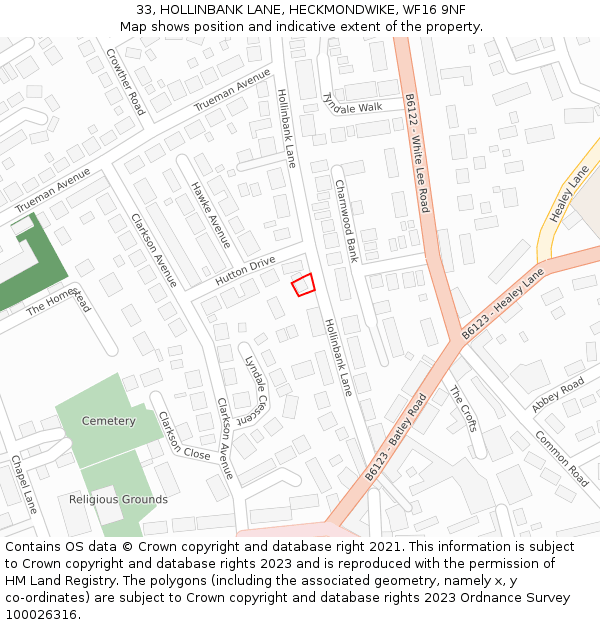 33, HOLLINBANK LANE, HECKMONDWIKE, WF16 9NF: Location map and indicative extent of plot
