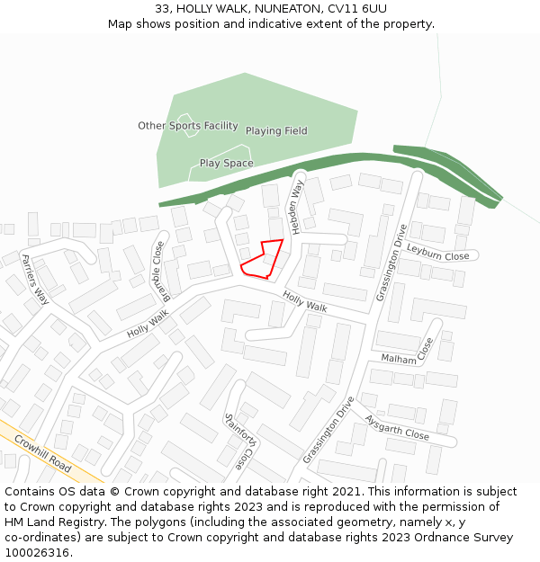 33, HOLLY WALK, NUNEATON, CV11 6UU: Location map and indicative extent of plot