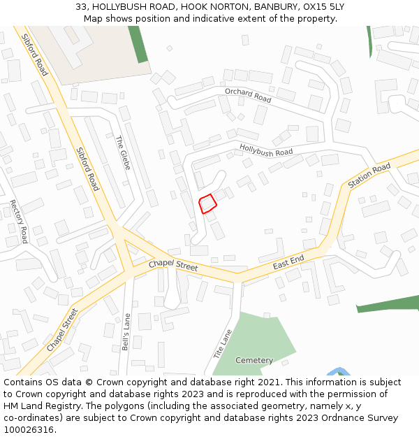 33, HOLLYBUSH ROAD, HOOK NORTON, BANBURY, OX15 5LY: Location map and indicative extent of plot