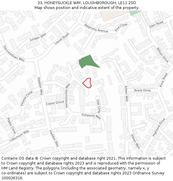 33, HONEYSUCKLE WAY, LOUGHBOROUGH, LE11 2SD: Location map and indicative extent of plot