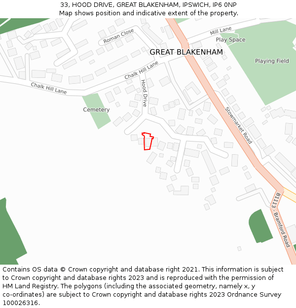 33, HOOD DRIVE, GREAT BLAKENHAM, IPSWICH, IP6 0NP: Location map and indicative extent of plot