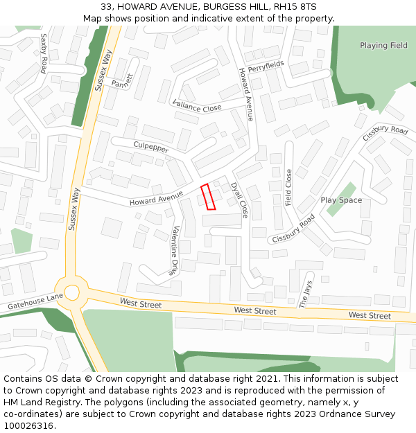 33, HOWARD AVENUE, BURGESS HILL, RH15 8TS: Location map and indicative extent of plot