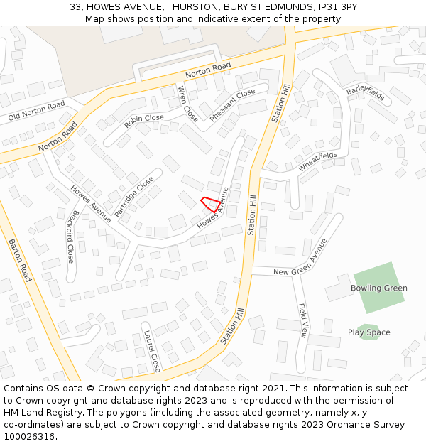 33, HOWES AVENUE, THURSTON, BURY ST EDMUNDS, IP31 3PY: Location map and indicative extent of plot