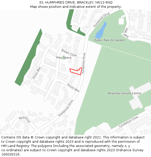 33, HUMPHRIES DRIVE, BRACKLEY, NN13 6NQ: Location map and indicative extent of plot