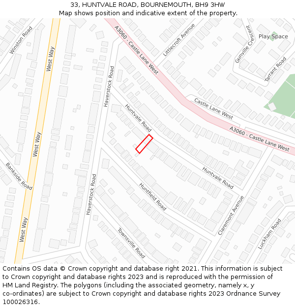 33, HUNTVALE ROAD, BOURNEMOUTH, BH9 3HW: Location map and indicative extent of plot