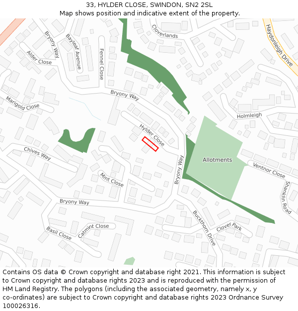 33, HYLDER CLOSE, SWINDON, SN2 2SL: Location map and indicative extent of plot