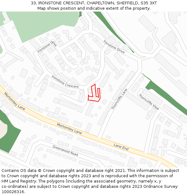 33, IRONSTONE CRESCENT, CHAPELTOWN, SHEFFIELD, S35 3XT: Location map and indicative extent of plot