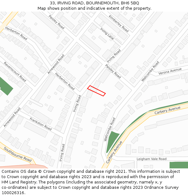 33, IRVING ROAD, BOURNEMOUTH, BH6 5BQ: Location map and indicative extent of plot