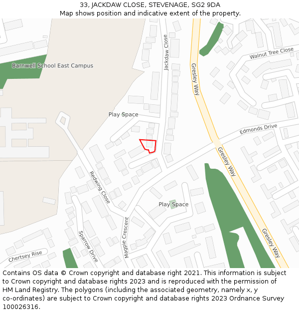 33, JACKDAW CLOSE, STEVENAGE, SG2 9DA: Location map and indicative extent of plot