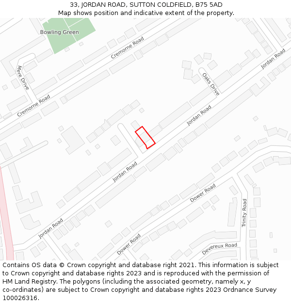 33, JORDAN ROAD, SUTTON COLDFIELD, B75 5AD: Location map and indicative extent of plot
