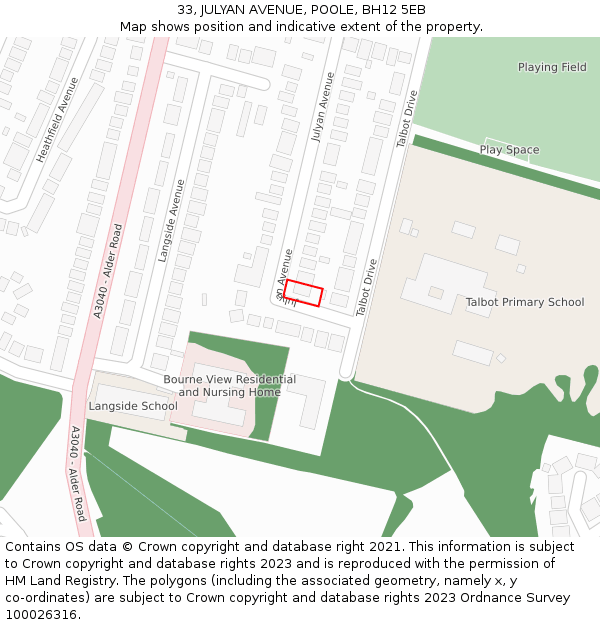 33, JULYAN AVENUE, POOLE, BH12 5EB: Location map and indicative extent of plot