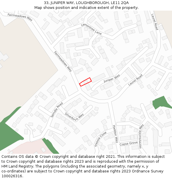 33, JUNIPER WAY, LOUGHBOROUGH, LE11 2QA: Location map and indicative extent of plot