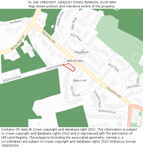 33, KAY CRESCENT, HEADLEY DOWN, BORDON, GU35 8AH: Location map and indicative extent of plot