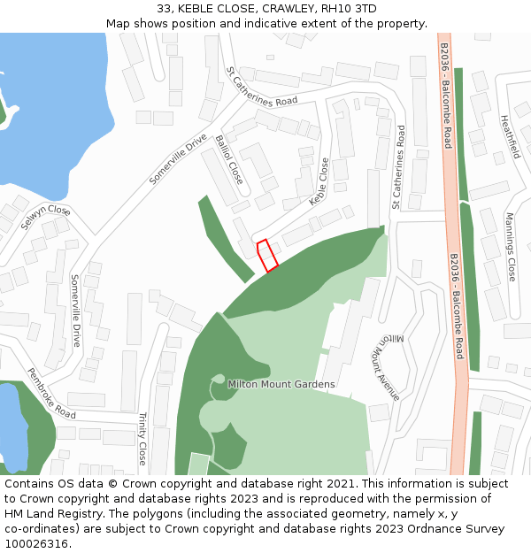 33, KEBLE CLOSE, CRAWLEY, RH10 3TD: Location map and indicative extent of plot