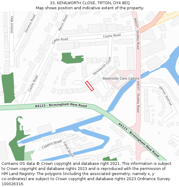 33, KENILWORTH CLOSE, TIPTON, DY4 8EQ: Location map and indicative extent of plot