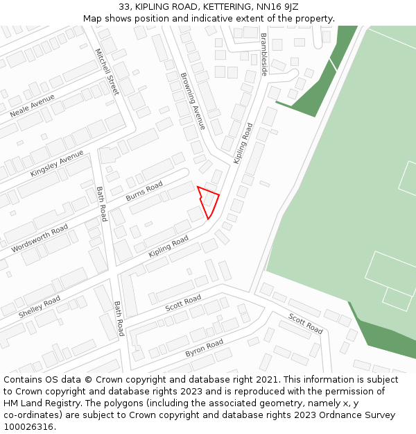 33, KIPLING ROAD, KETTERING, NN16 9JZ: Location map and indicative extent of plot