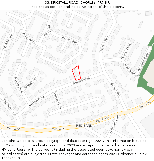 33, KIRKSTALL ROAD, CHORLEY, PR7 3JR: Location map and indicative extent of plot