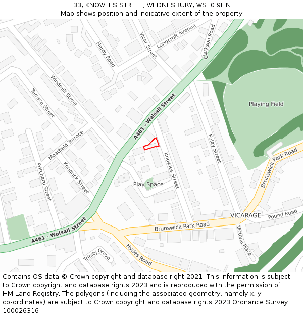 33, KNOWLES STREET, WEDNESBURY, WS10 9HN: Location map and indicative extent of plot