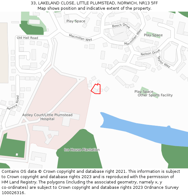 33, LAKELAND CLOSE, LITTLE PLUMSTEAD, NORWICH, NR13 5FF: Location map and indicative extent of plot