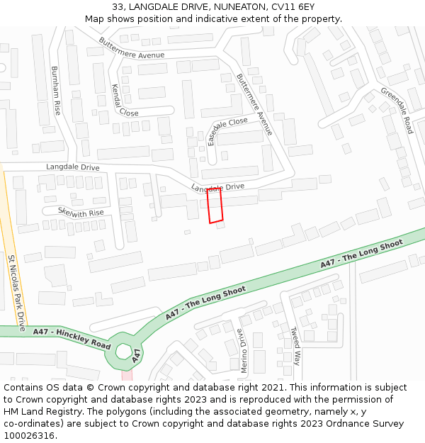 33, LANGDALE DRIVE, NUNEATON, CV11 6EY: Location map and indicative extent of plot