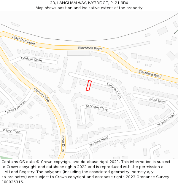 33, LANGHAM WAY, IVYBRIDGE, PL21 9BX: Location map and indicative extent of plot