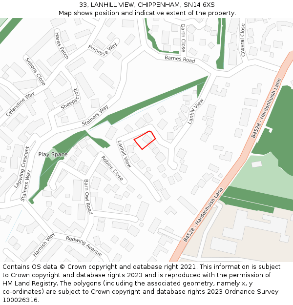 33, LANHILL VIEW, CHIPPENHAM, SN14 6XS: Location map and indicative extent of plot