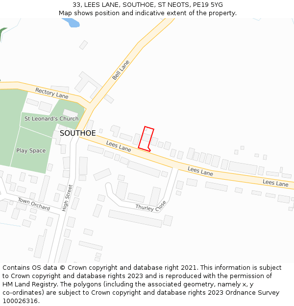 33, LEES LANE, SOUTHOE, ST NEOTS, PE19 5YG: Location map and indicative extent of plot