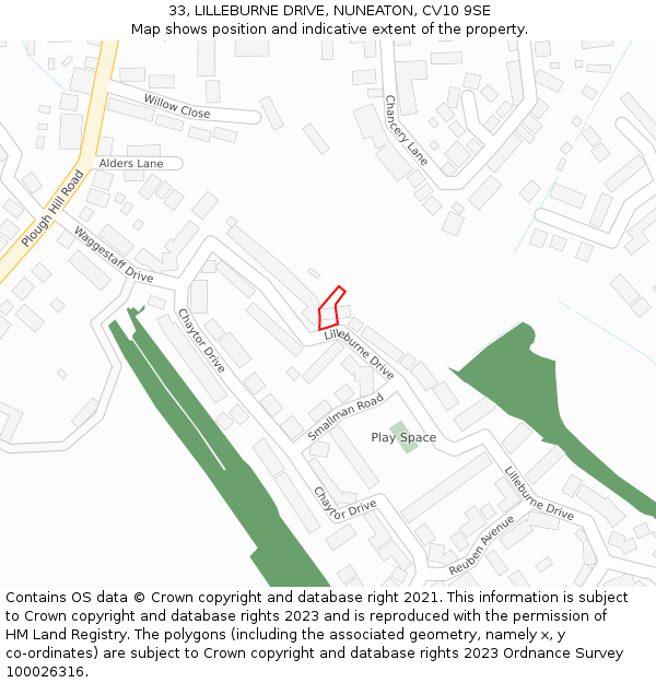 33, LILLEBURNE DRIVE, NUNEATON, CV10 9SE: Location map and indicative extent of plot