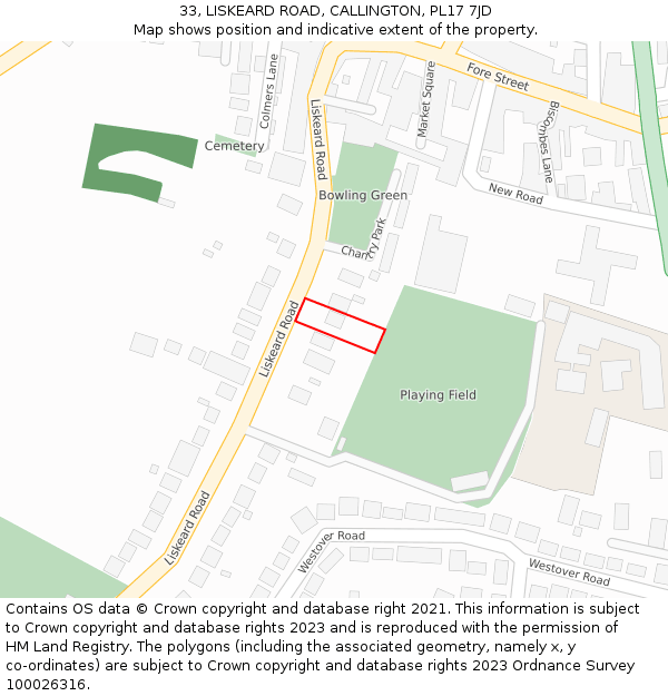 33, LISKEARD ROAD, CALLINGTON, PL17 7JD: Location map and indicative extent of plot