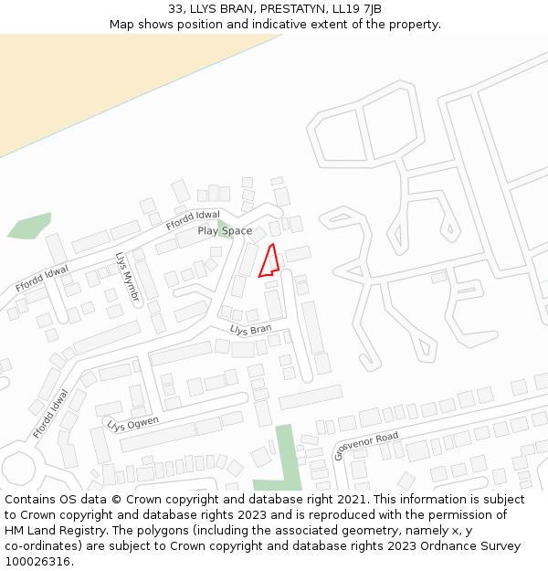 33, LLYS BRAN, PRESTATYN, LL19 7JB: Location map and indicative extent of plot