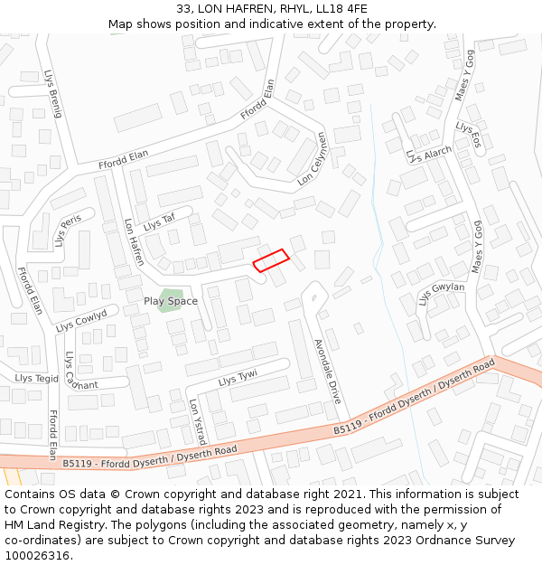 33, LON HAFREN, RHYL, LL18 4FE: Location map and indicative extent of plot