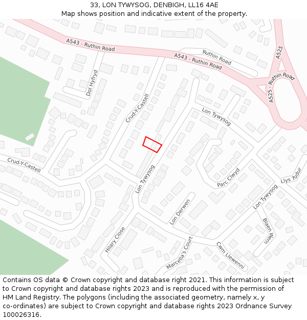 33, LON TYWYSOG, DENBIGH, LL16 4AE: Location map and indicative extent of plot