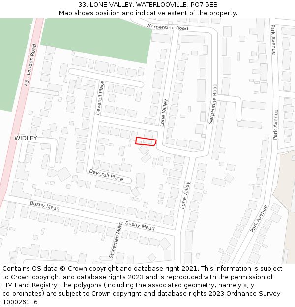 33, LONE VALLEY, WATERLOOVILLE, PO7 5EB: Location map and indicative extent of plot