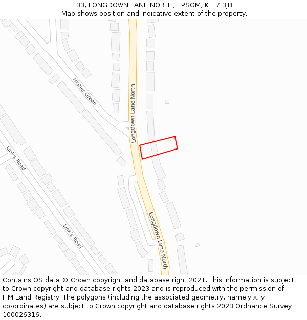 33, LONGDOWN LANE NORTH, EPSOM, KT17 3JB: Location map and indicative extent of plot